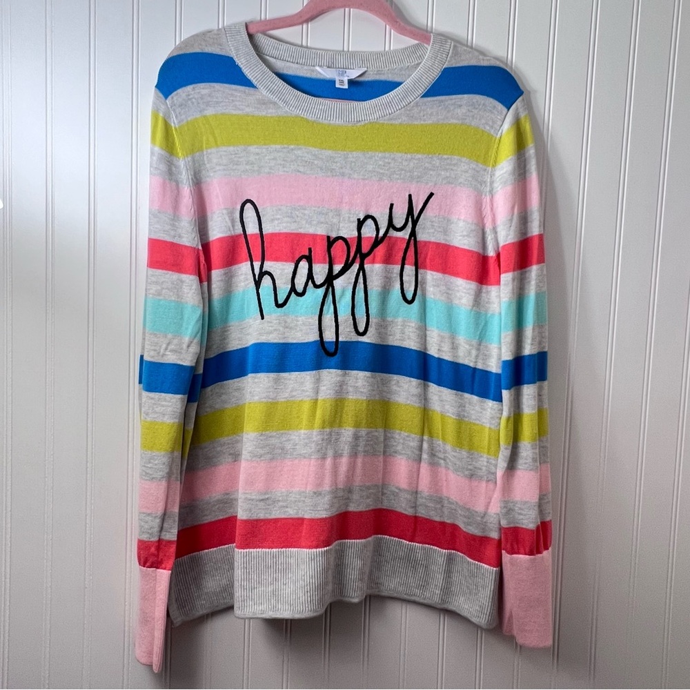 XXL Rainbow Happy Embroidered Long sleeves Top Sweater Striped Plus Size Cute